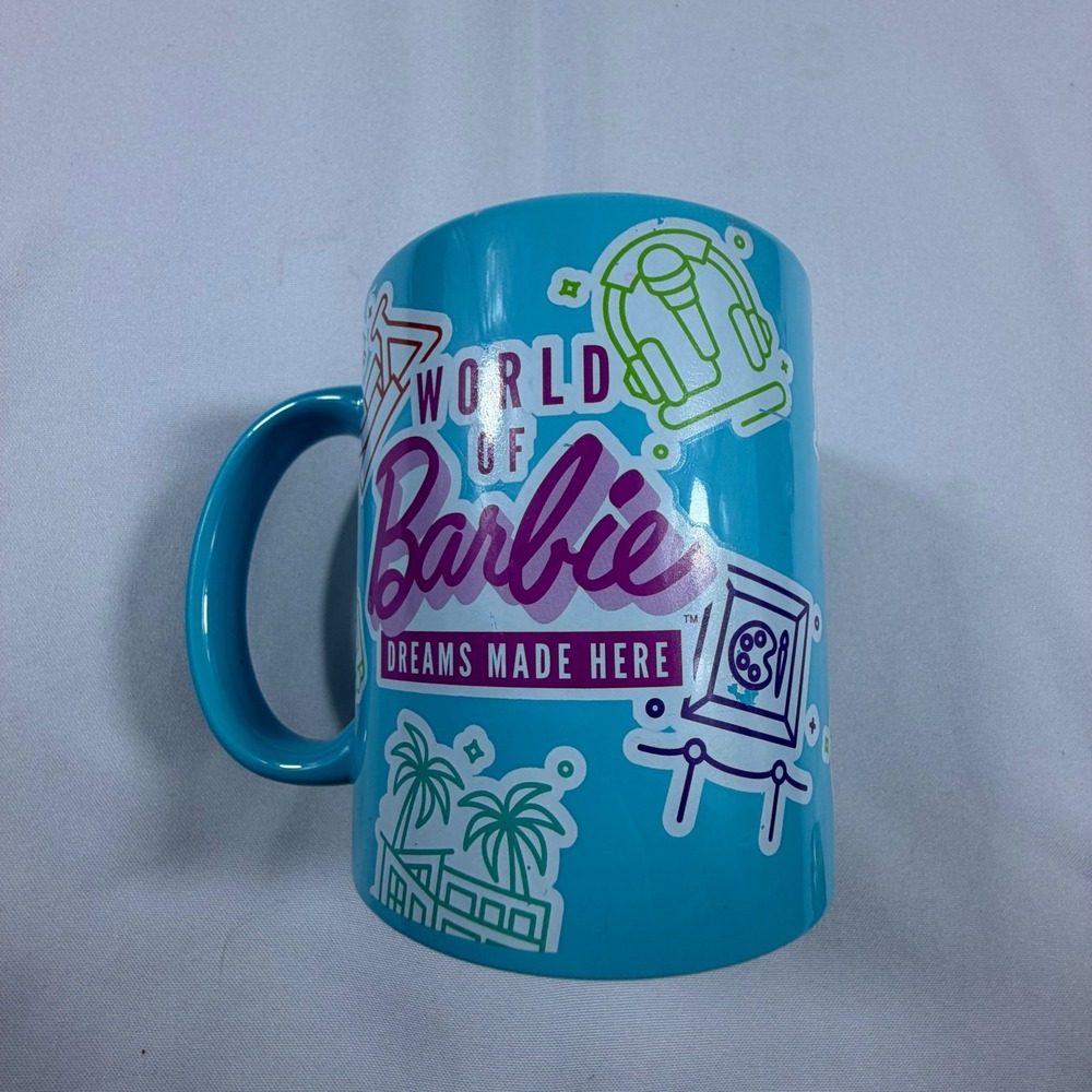 World of Barbie Dreams Made Here Teal Blue Ceramic Coffee Mug Graphic Icons Cup - Picture 1 of 5